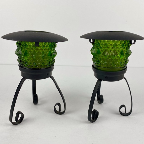 Pair Vintage Green Glass/Black Metal Pedestal Votive Candle Holders, Unused - Picture 1 of 7